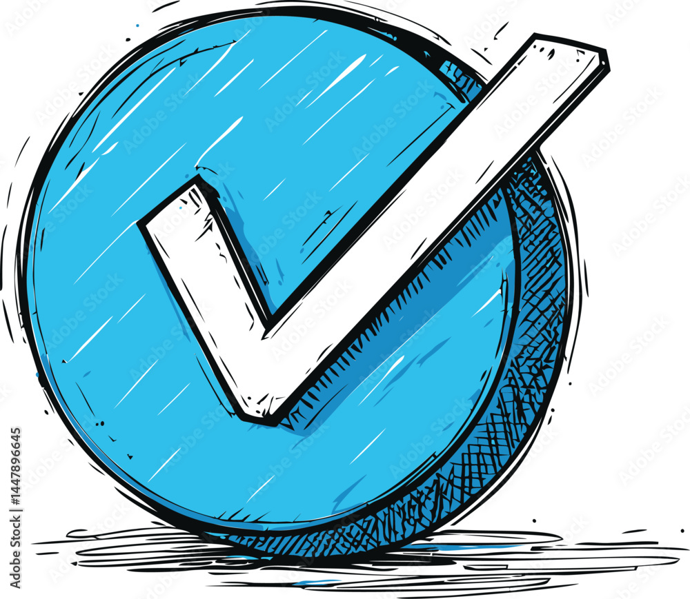 Poster blue check mark in a hand-drawn style with bold sketch lines, concept of approval. vector illustrati