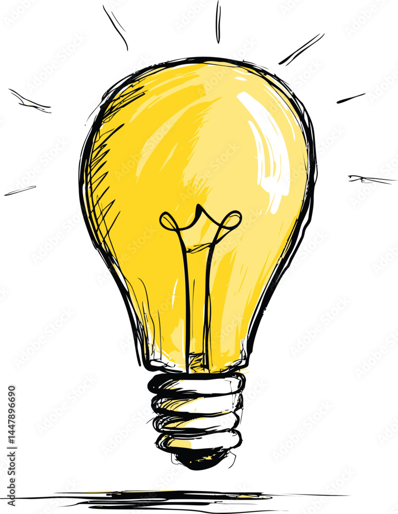 Aufkleber sketch of a bright yellow light bulb with shining rays on white background. vector illustration