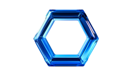 Shiny blue hexagon shape. Geometric figure with light effect. cut out transparent