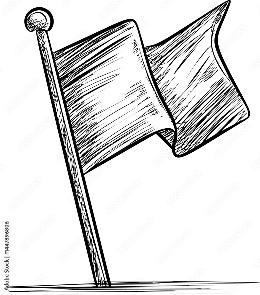 Poster hand-drawn sketch of a flag on a pole waving in the breeze in monochrome style. vector illustration