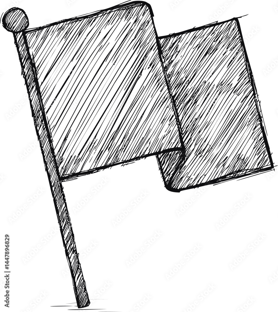 Poster Hand-drawn sketch of a plain flag on a pole with bold lines and shading. Vector illustration