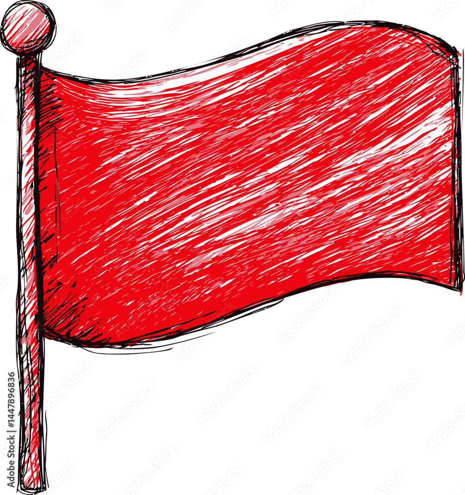 Poster red flag sketch on white background with sketchy texture, hand-drawn style. vector illustration