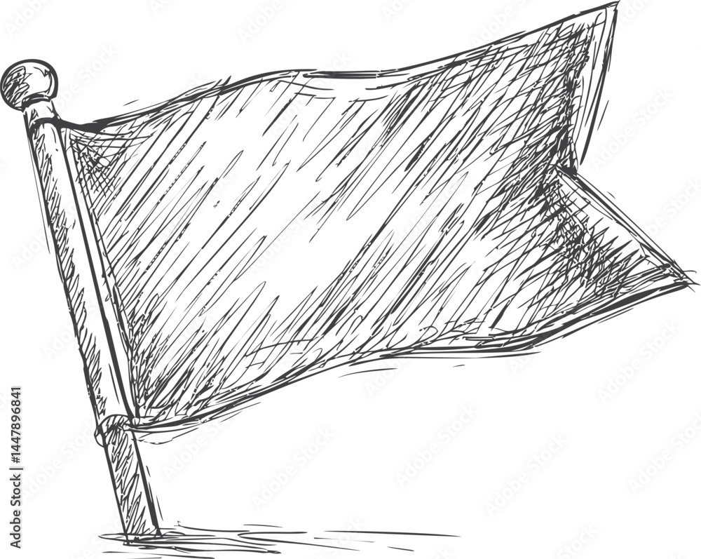 Poster hand-drawn sketch of a waving flag on a pole with artistic lines. vector illustration