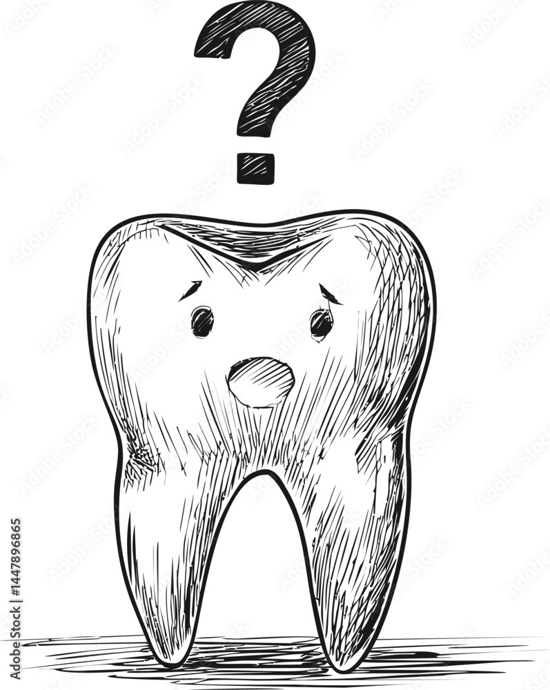 Poster confused tooth with question mark in black and white sketch style drawing. vector illustration