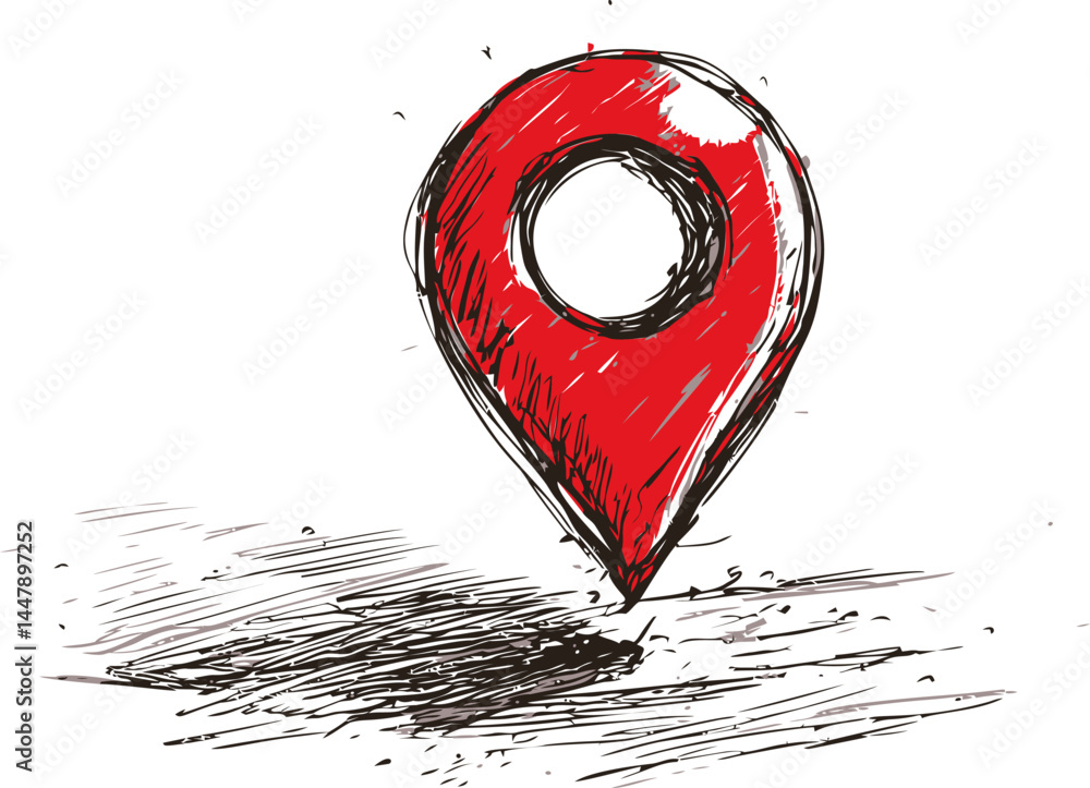 Poster red sketched map pin icon on textured concept of location. vector illustration