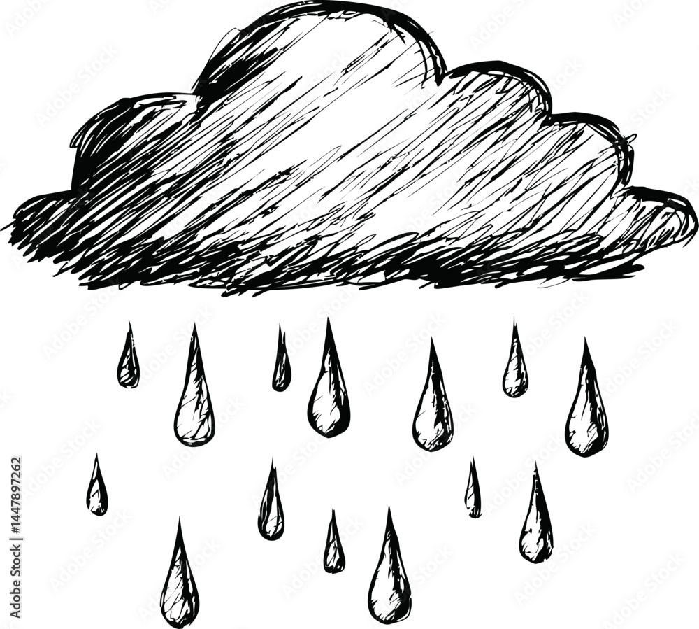 Aufkleber sketch of a rain cloud with falling drops in monochrome art style. vector illustration