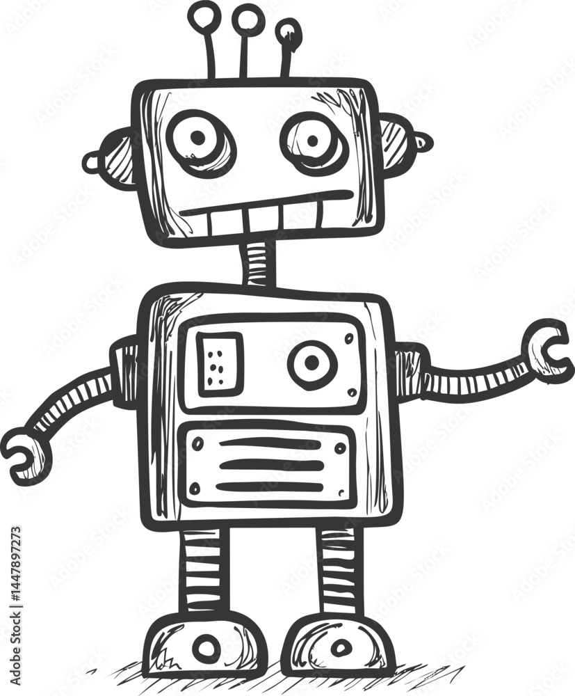 Poster black and white sketch of a quirky robot with antennae and large eyes. vector illustration