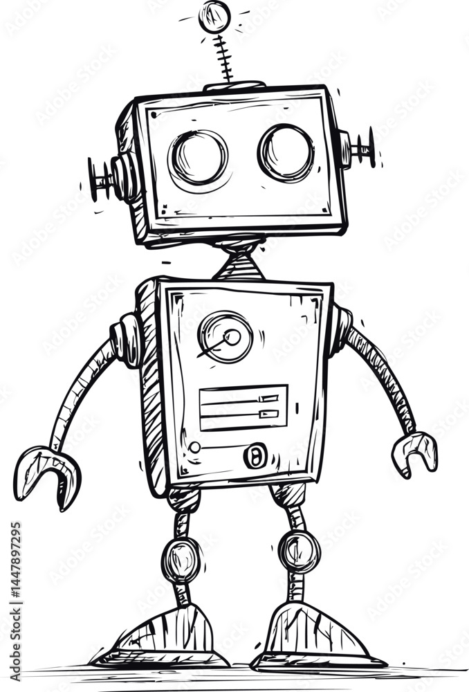 Poster retro styled cartoon robot character sketch in black and white illustration. vector illustration