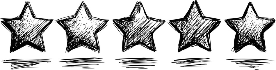 Five hand-drawn sketch stars in a row artistic doodle art. Vector illustration
