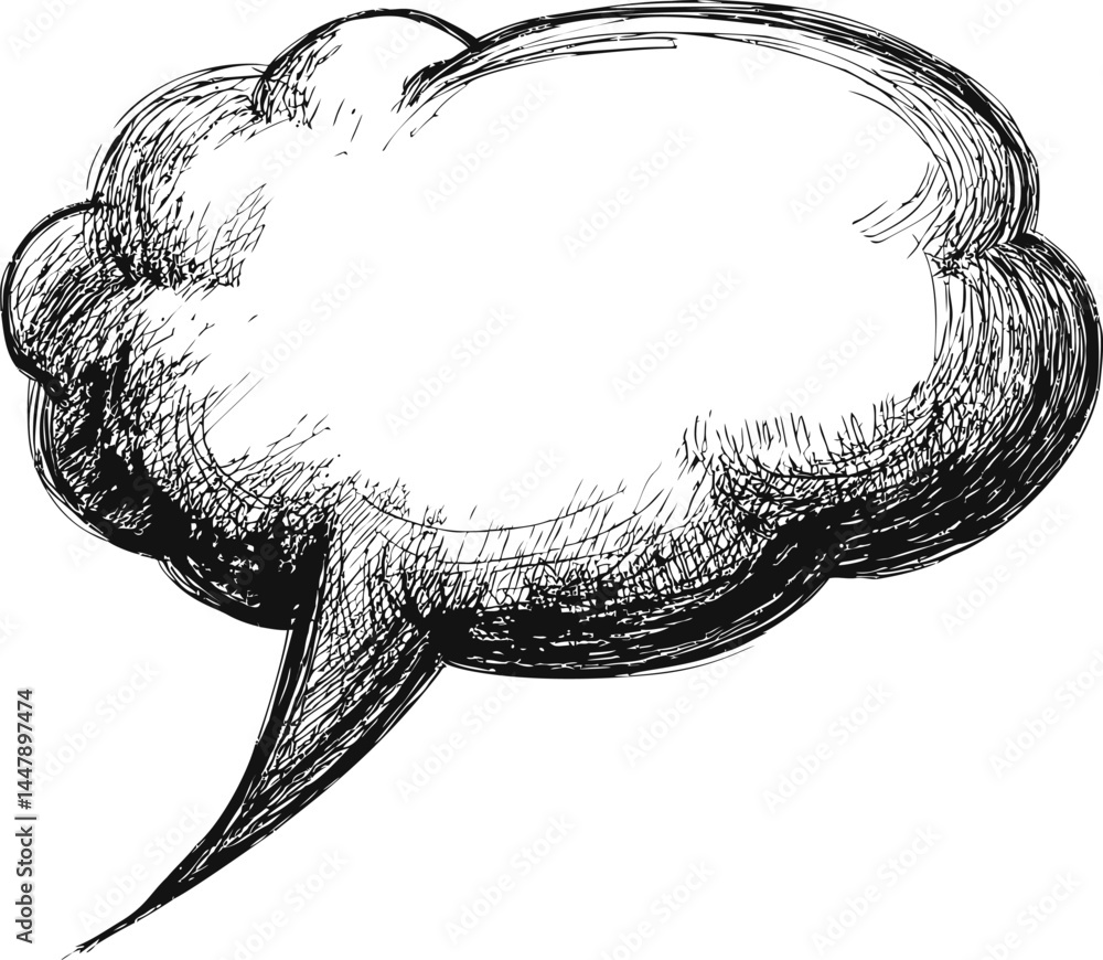 Poster sketch of an empty comic speech bubble with textured lines and cloud shape. vector illustration
