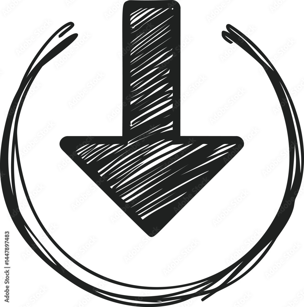 Poster black sketch style downward arrow surrounded by circular brush strokes. vector illustration
