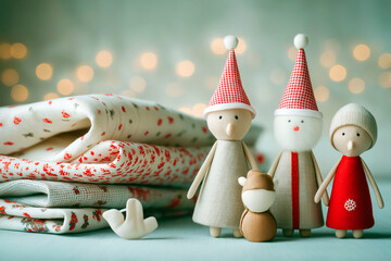Handmade Christmas dolls in festive clothes standing near folded fabric with holiday lights in soft focus background