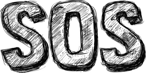 Sos text in bold sketchy black outline with rough textured style. Vector illustration