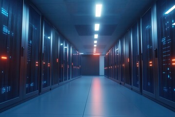 Futuristic server room with illuminated racks and technology in a sleek, modern environment