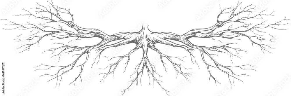 Poster intricate symmetrical illustration of tree roots branching out in black and white. vector illustrati