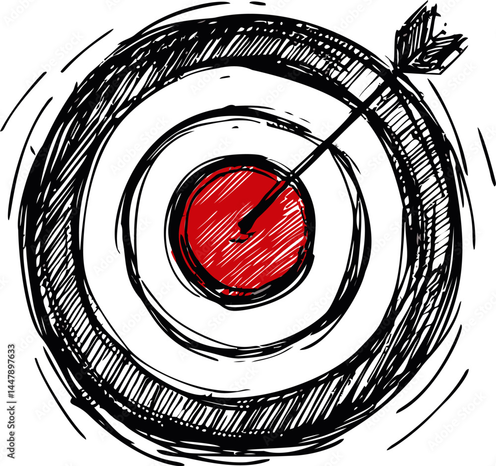 Poster sketch of a red target with arrow in center, hand-drawn artistic concept. vector illustration