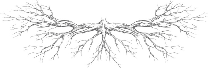 Intricate symmetrical illustration of tree roots branching out in black and white. Vector illustration