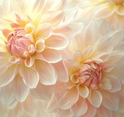 Obraz premium Majestic pale pink & yellow dahlias in full bloom, backlit by soft sunlight in an English garden, showcasing intricate petal textures for floral design inspiration