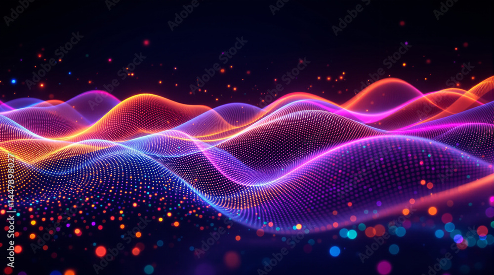 Poster vibrant energy flow: abstract waves of light dance across a dark background, creating a mesmerizing 