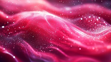 Vibrant abstract waves in shades of pink and red, shimmering with sparkling particles, perfect for backgrounds or creative projects.