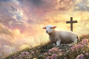 Lamb and Wooden Cross on Hillside with Sunset Sky