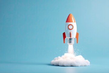 Innovative Startup Rocket Launching from Lightbulb Cloud on Blue Background