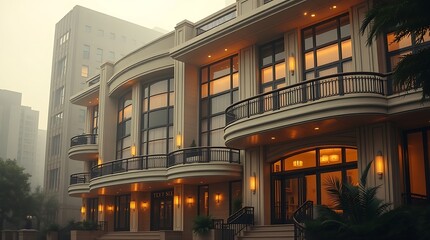 An Art Deco urban mansion with sleek lines, large balconies, and warm lighting, depicted in a hazy, soft light, creating a soft and dreamy atmosphere