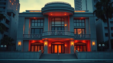 An Art Deco urban mansion with sleek lines, large balconies, and warm lighting is depicted in a dramatic cinematic style. Pastel colors, soft lighting, and harsh shadows create a film-like composition