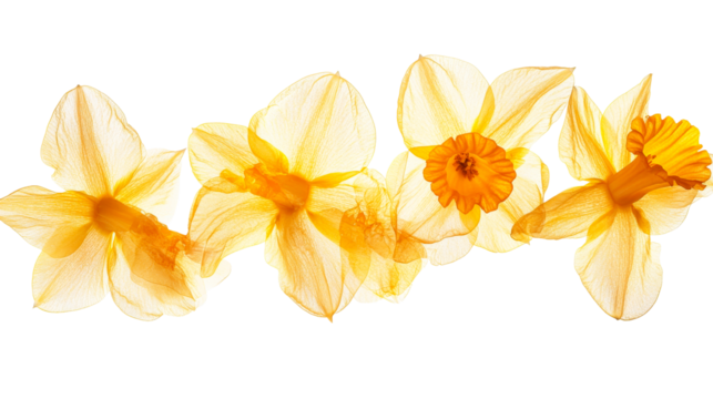 Four yellow narcissus flowers in a row, soft light. cut out transparent