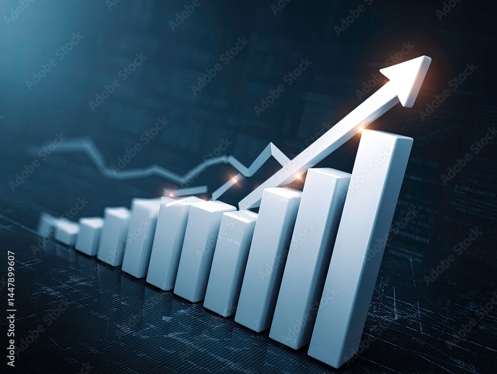 Poster ascending bar graph with arrow showing significant growth and progress in business