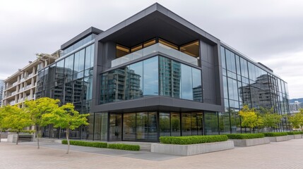 Sleek glass corporate building, modern architecture, city skyline backdrop Ideal for real estate, business, and architectural presentations - glass facade district