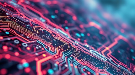 Fototapeta premium An extreme macro close-up of a high-tech abstract background featuring intricate holographic neon circuit board patterns in an ultra-HD 3D render, stormy skies, small subject detail, high tension