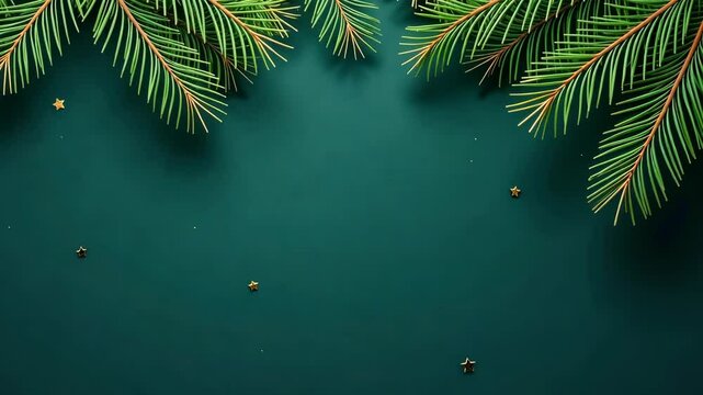 Green pine tree branches with golden star ornaments on a dark green background, festive celebration concept with space for text or design