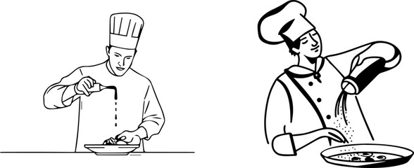 Chef Vector Illustrations Seasoning Food - Black and White Culinary Artwork
