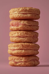 Delicious stacked pastries with pink background