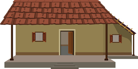 Traditional Mud Hut with Clay Tile Roof &ndash; Rural Village House Illustration for Heritage Architecture, Rustic Living, and Cultural Tourism Concepts