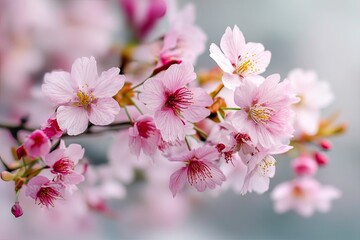 Closeup of Delicate Pink Cherry Blossoms on a Branch