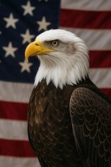 Majestic Bald Eagle Profile American Flag Background Powerful Bird Wildlife Photography National Symbol Freedom Patriotism Proud American Eagle Close Up Detailed Feathers National Pride Symbolic Image