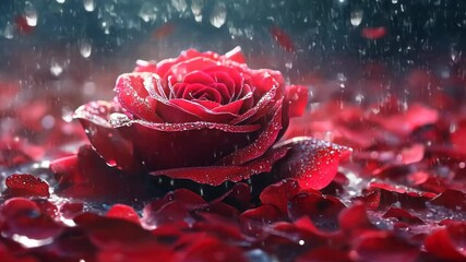 Vibrant red rose bloom amidst falling rainwater and petals
