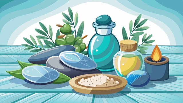 Essential oils and salt blend in a peaceful layout.
White wood background enhances the natural tones.
A gentle reminder of serenity and holistic care.
Great for packaging, web design, or posters.

