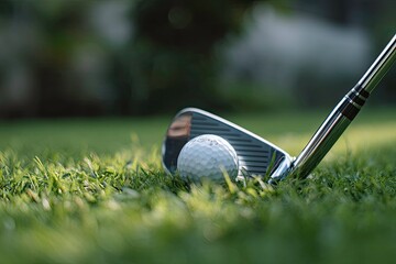 Closeup of Golf Club and Ball on Lush Green Grass