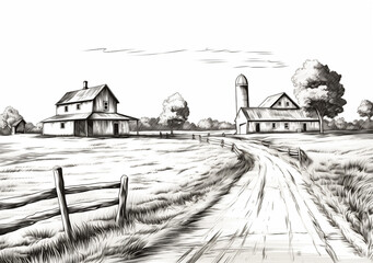 Hand-drawn black and white illustration of a rural farm scene with barns, a silo, dirt road, and countryside landscape.