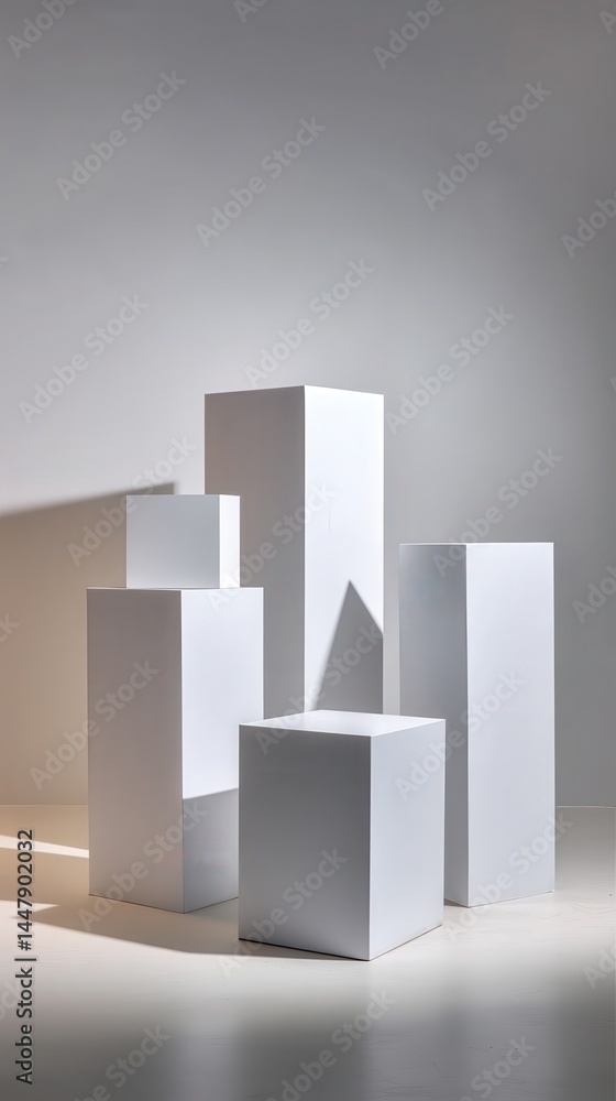 Poster create a minimalistic photo studio setup with 4 elegant podiums of varying heights placed on a clean
