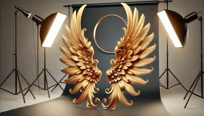 Artistic Gold Angel Wings on Studio Backdrop - Generative AI