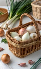 Wicker basket filled with fresh shallots, commonly used in cooking