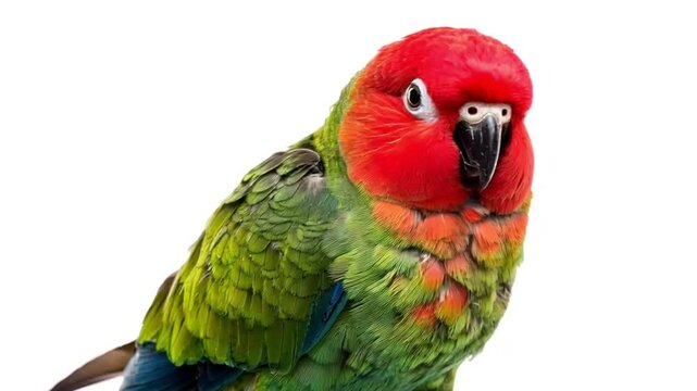 Close-up parrot portrait, vibrant colors, isolated white background, no visible activity