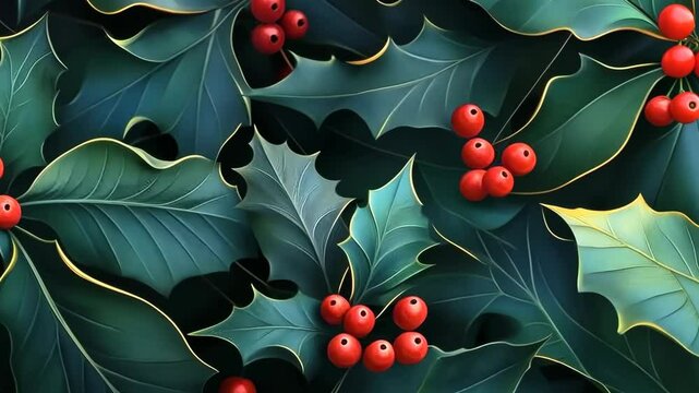 Vibrant holly leaves and red berries animated in stunning closeup sequence