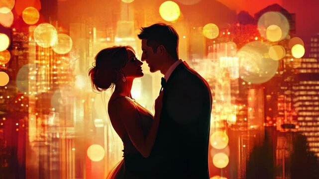 Romantic cityscape silhouette: couple embracing amidst urban lights at sunset