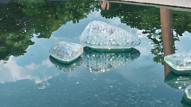 Dolly in on balanced crystalline stones reflecting in a serene pond, four-point lighting highlights facets creating light symphony Concept of zen balance and harmony