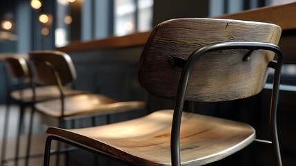 Warm light shines on a modern, wooden chair row.